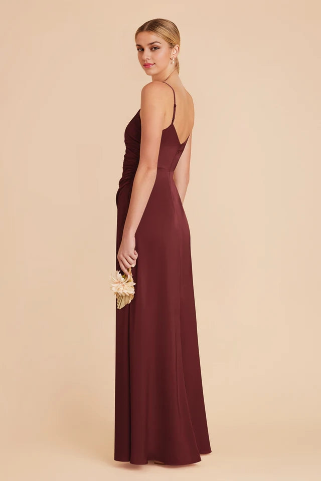 OKBBN's charming V-neck matte satin asymmetrical pleated Prom Dresses