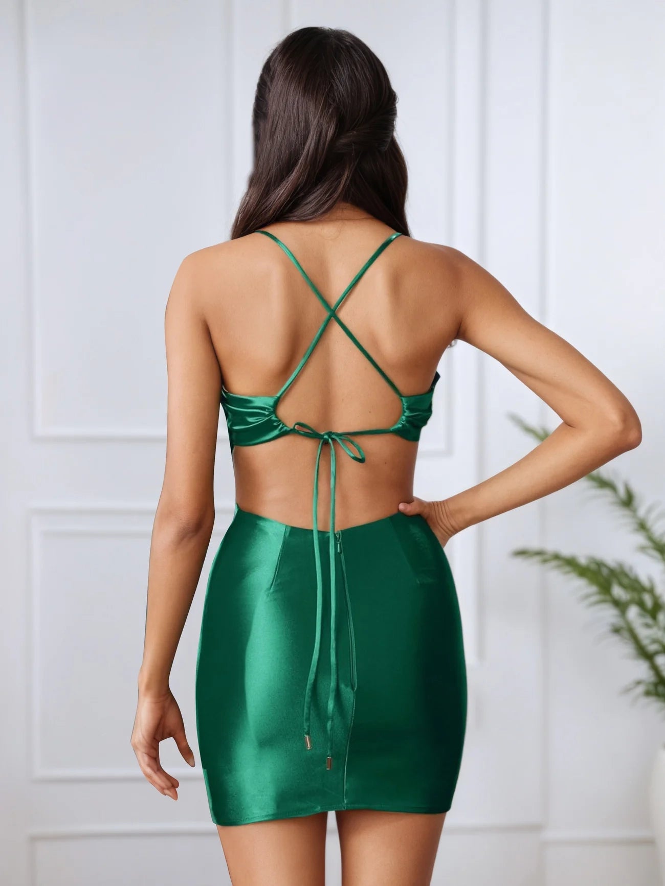 OKBBN's charming V-neck satin simple thin shoulder strap sleeveless Homecoming Dresses