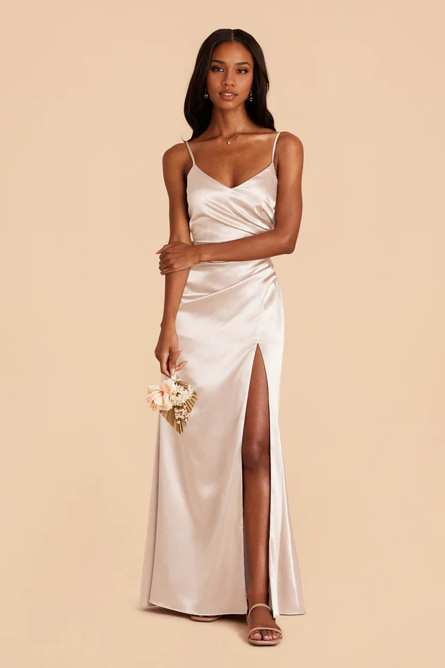 OKBBN's charming asymmetrical pleated V-neck satin full lining mermaid overlapping slit Prom Dresses