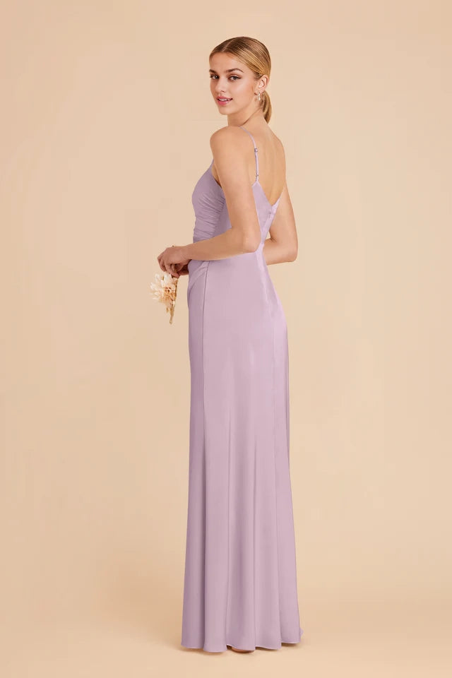 OKBBN's charming asymmetrical pleated V-neck satin full lining mermaid overlapping slit Prom Dresses