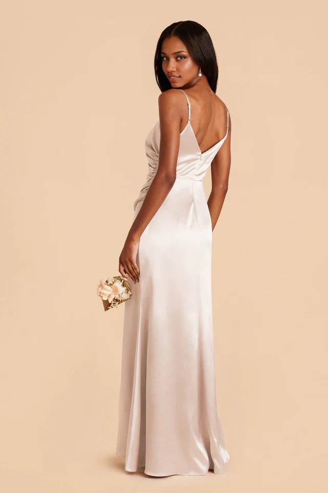 OKBBN's charming asymmetrical pleated V-neck satin full lining mermaid overlapping slit Prom Dresses