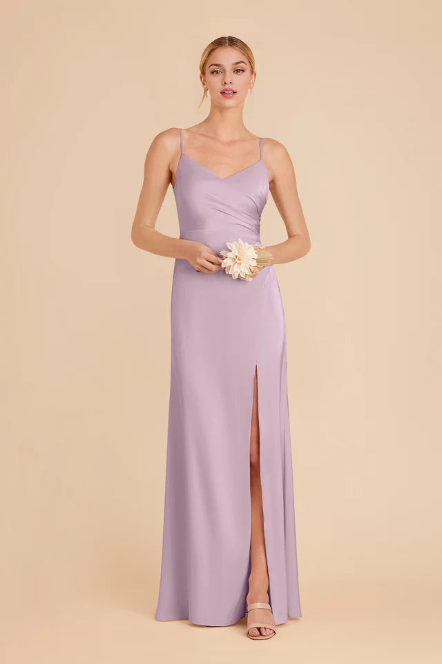 OKBBN's charming asymmetrical pleated V-neck satin full lining mermaid overlapping slit Prom Dresses