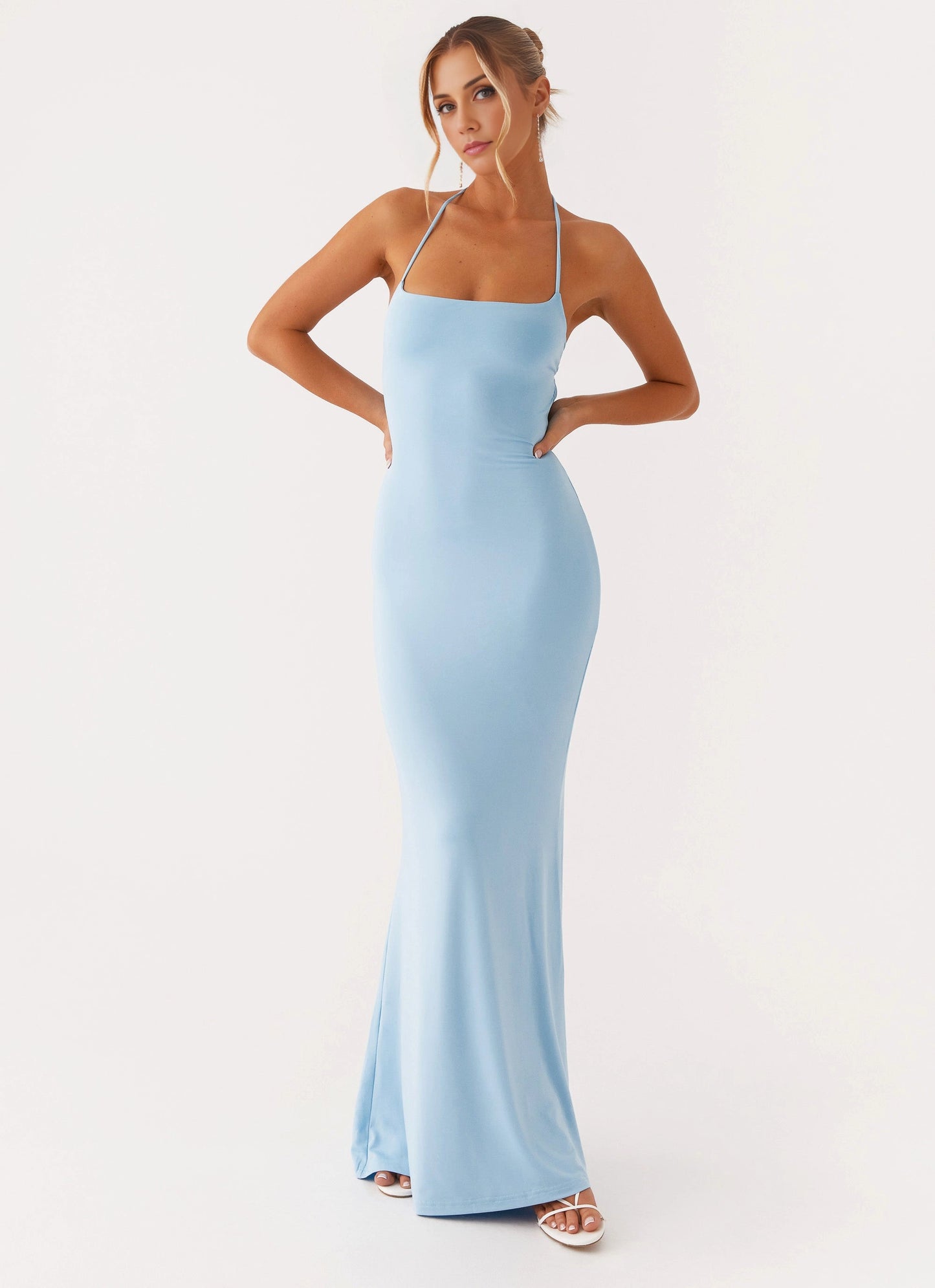OKBBN's charming low V-neck backless elastic mesh fabric conforms to the curve Prom Dresses