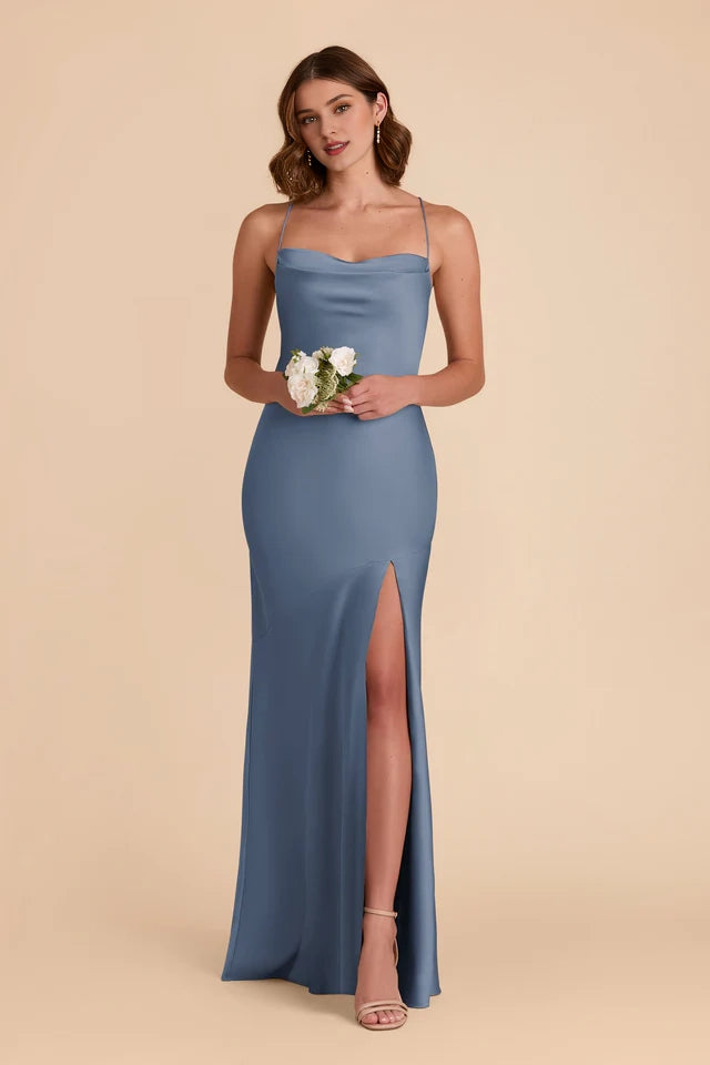 OKBBN's charming minimalist suspender scarf collar with slit A-line pleated backless thin shoulder strap Prom Dresses