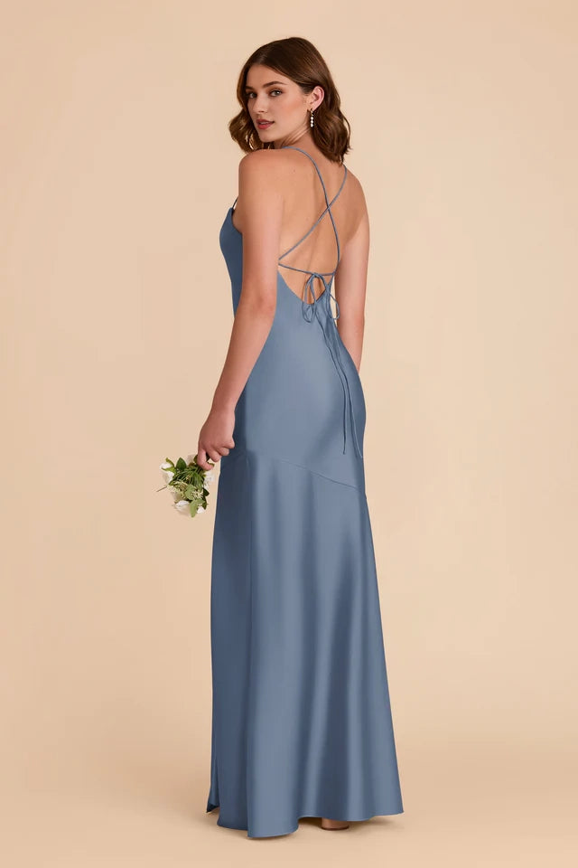 OKBBN's charming minimalist suspender scarf collar with slit A-line pleated backless thin shoulder strap Prom Dresses