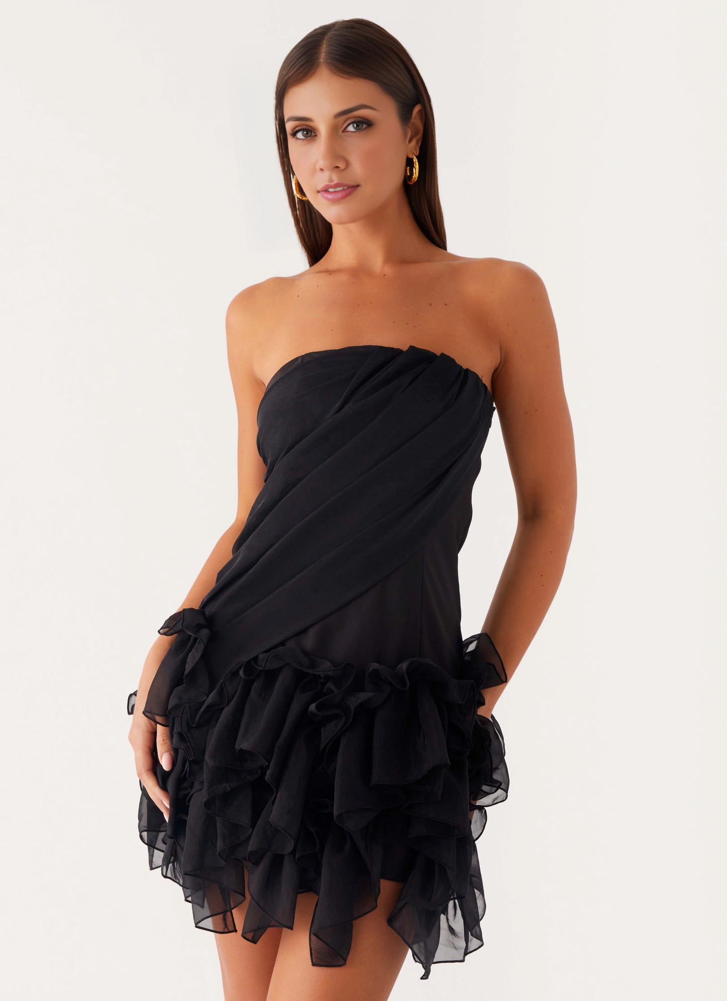 OKBBN's charming off shoulder collar with pleated tight layered ruffle edges Homecoming Dresses