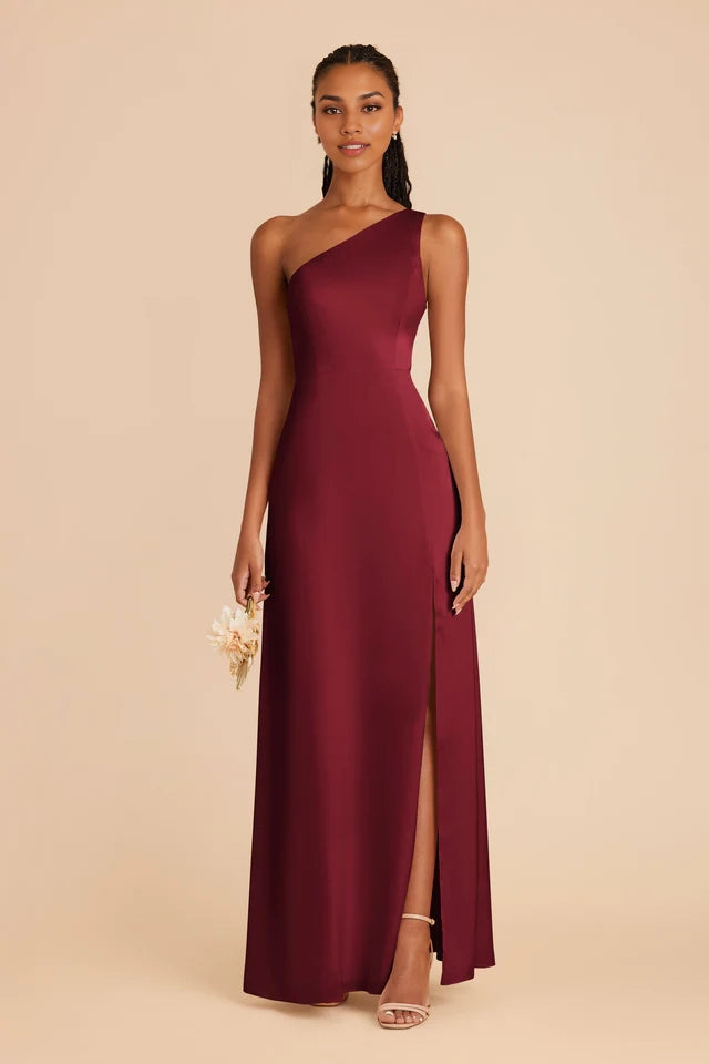 OKBBN's charming one shoulder neckline matte satin fully lined slit and floor Prom Dresses