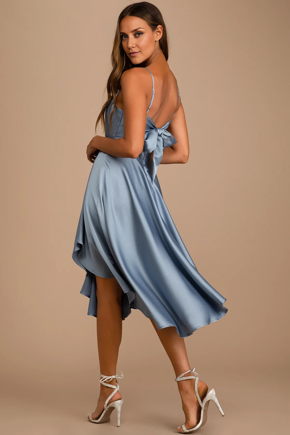 OKBBN's charming satin asymmetrical lace up mid length Homecoming Dresses