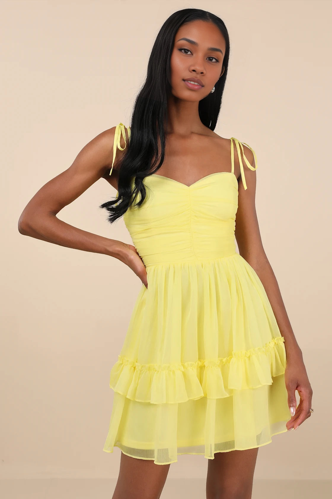 OKBBN's charming short chiffon ruffle edge lace up mini Homecoming Dresses