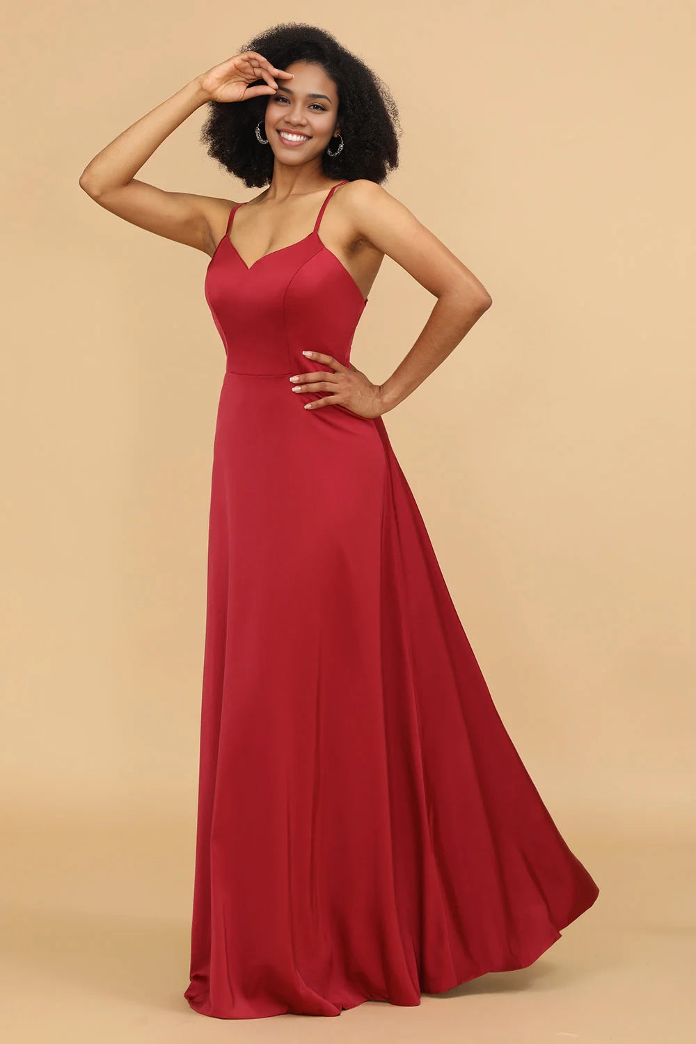OKBBN's charming sleeveless A-line thin shoulder straps and floor satin Bridesmaid Dresses
