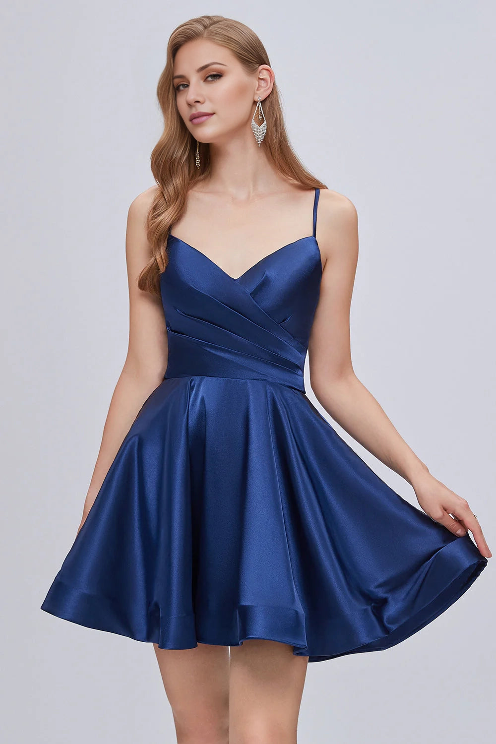 OKBBN's charming thin shoulder strap, blue V-neck, A-line, exposed back strap, Homecoming Dresses