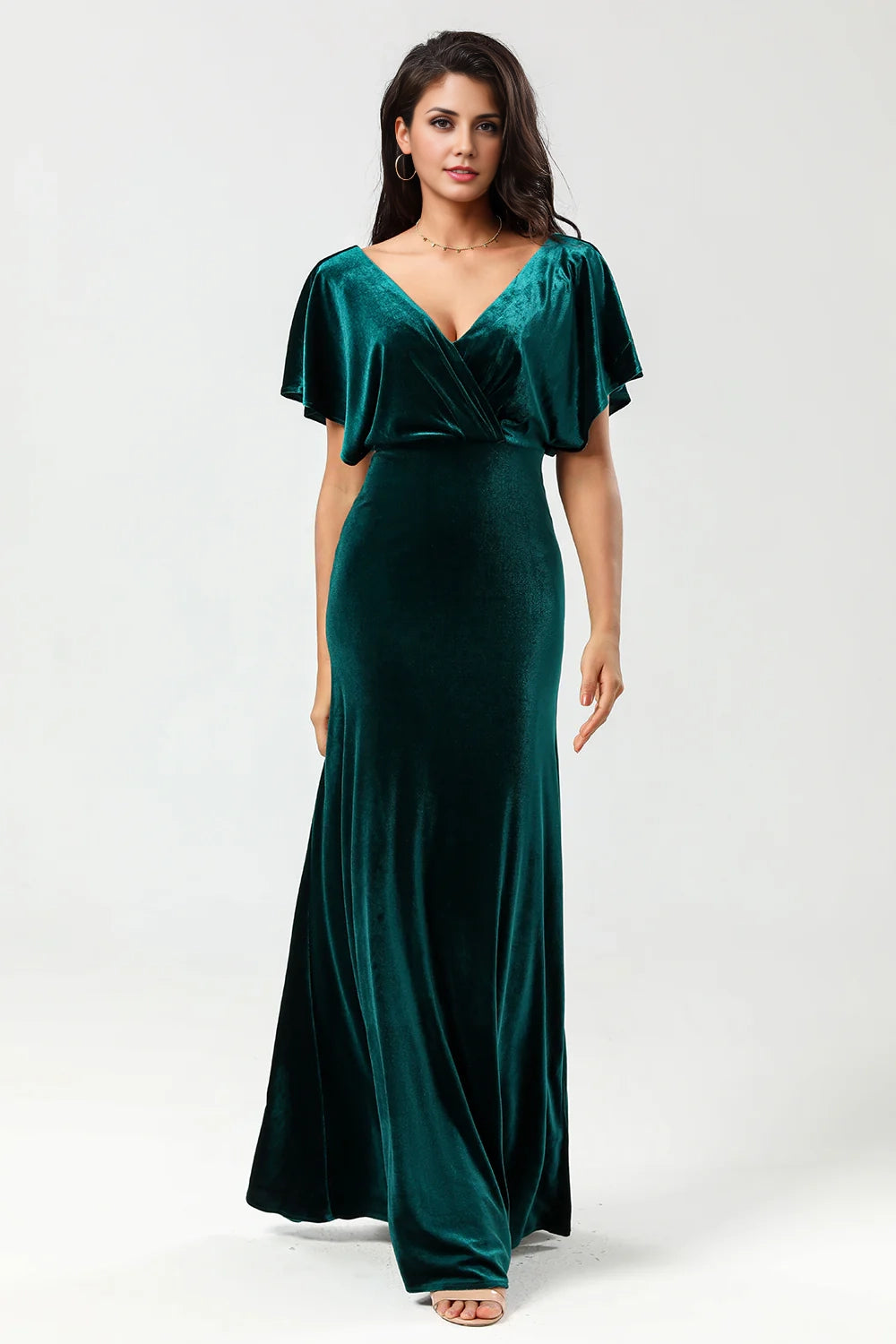 OKBBN's charming velvet V-neck long pleated Bridesmaid Dresses