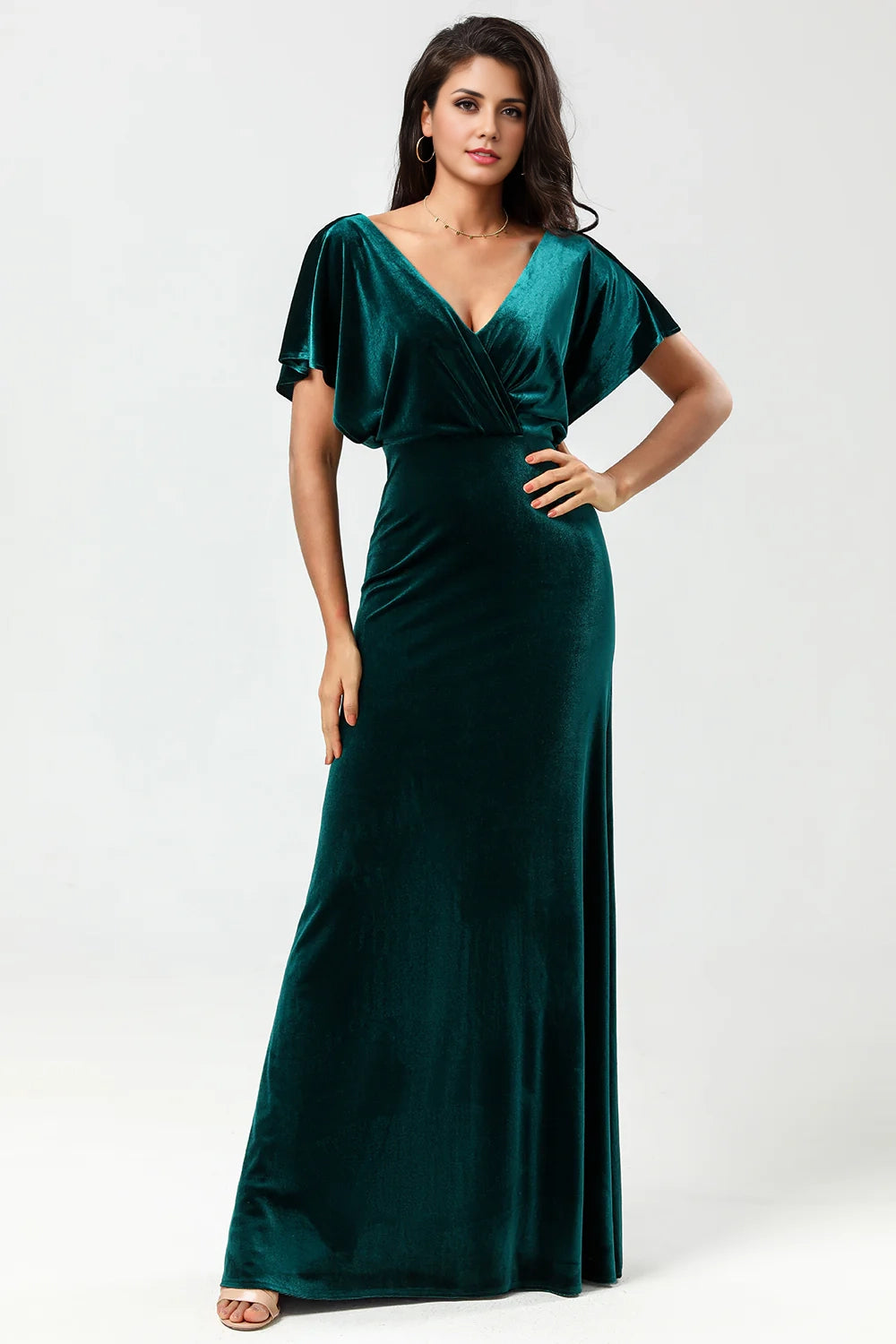 OKBBN's charming velvet V-neck long pleated Bridesmaid Dresses
