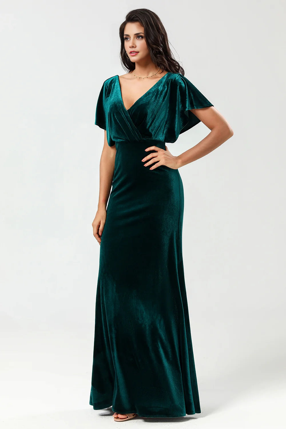 OKBBN's charming velvet V-neck long pleated Bridesmaid Dresses
