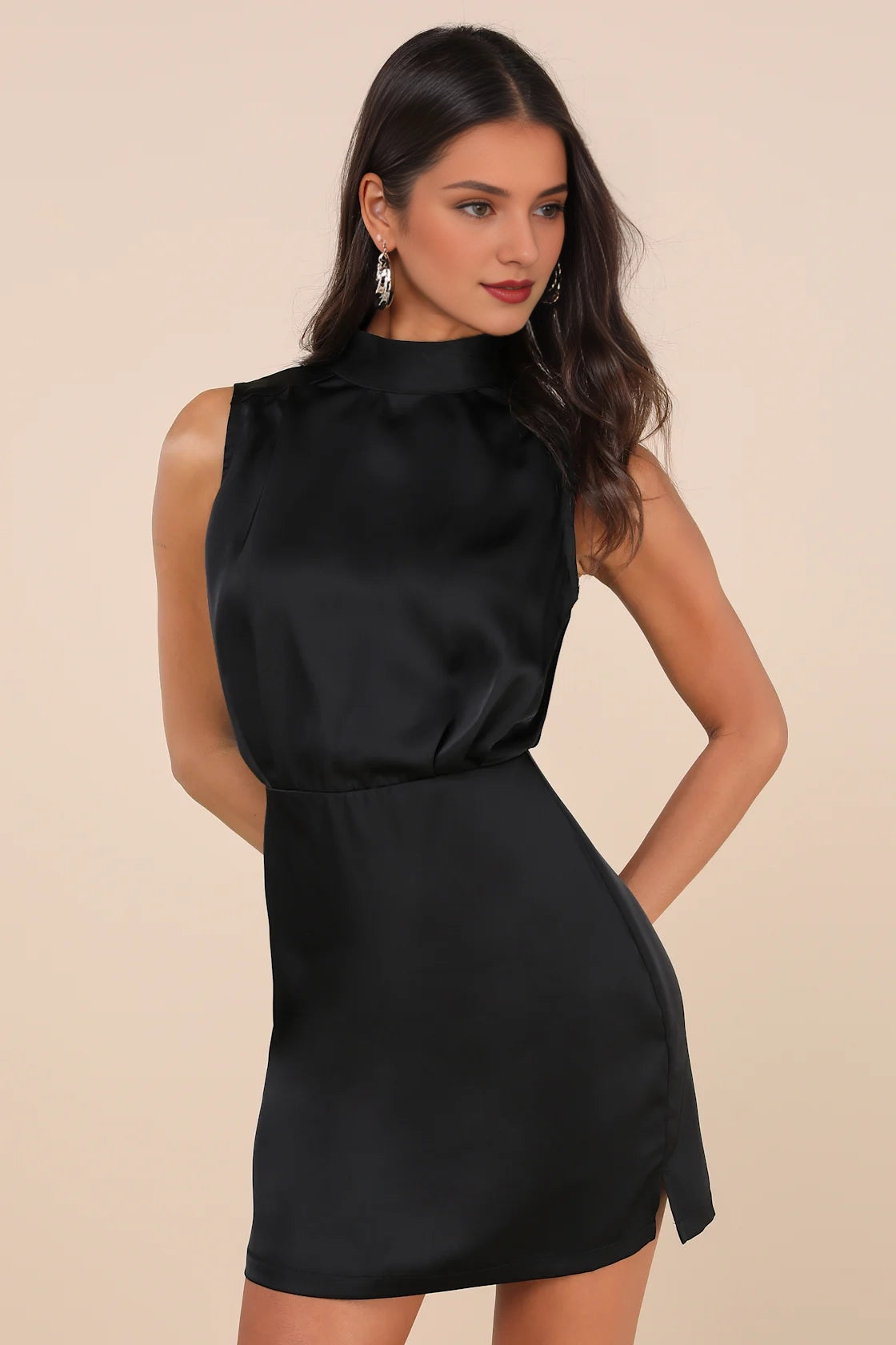 OKBBN's classic and elegant short satin sleeveless stand up collar mini Homecoming Dresses