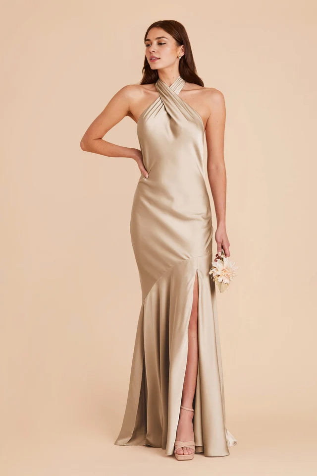 OKBBN's classic backless diagonal cut cross suspender with diagonal slit, exquisite and romantic Prom Dresses