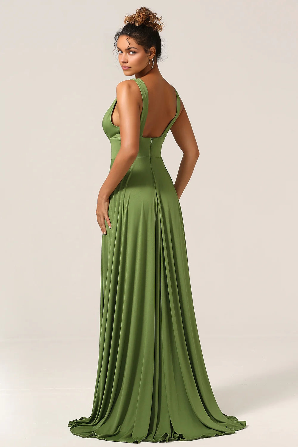 OKBBN's elegant A-line deep V-neck spandex and floor slit Bridesmaid Dresses