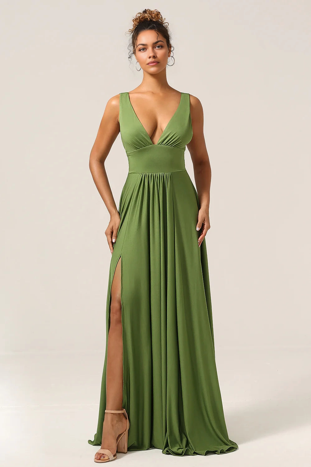 OKBBN's elegant A-line deep V-neck spandex and floor slit Bridesmaid Dresses