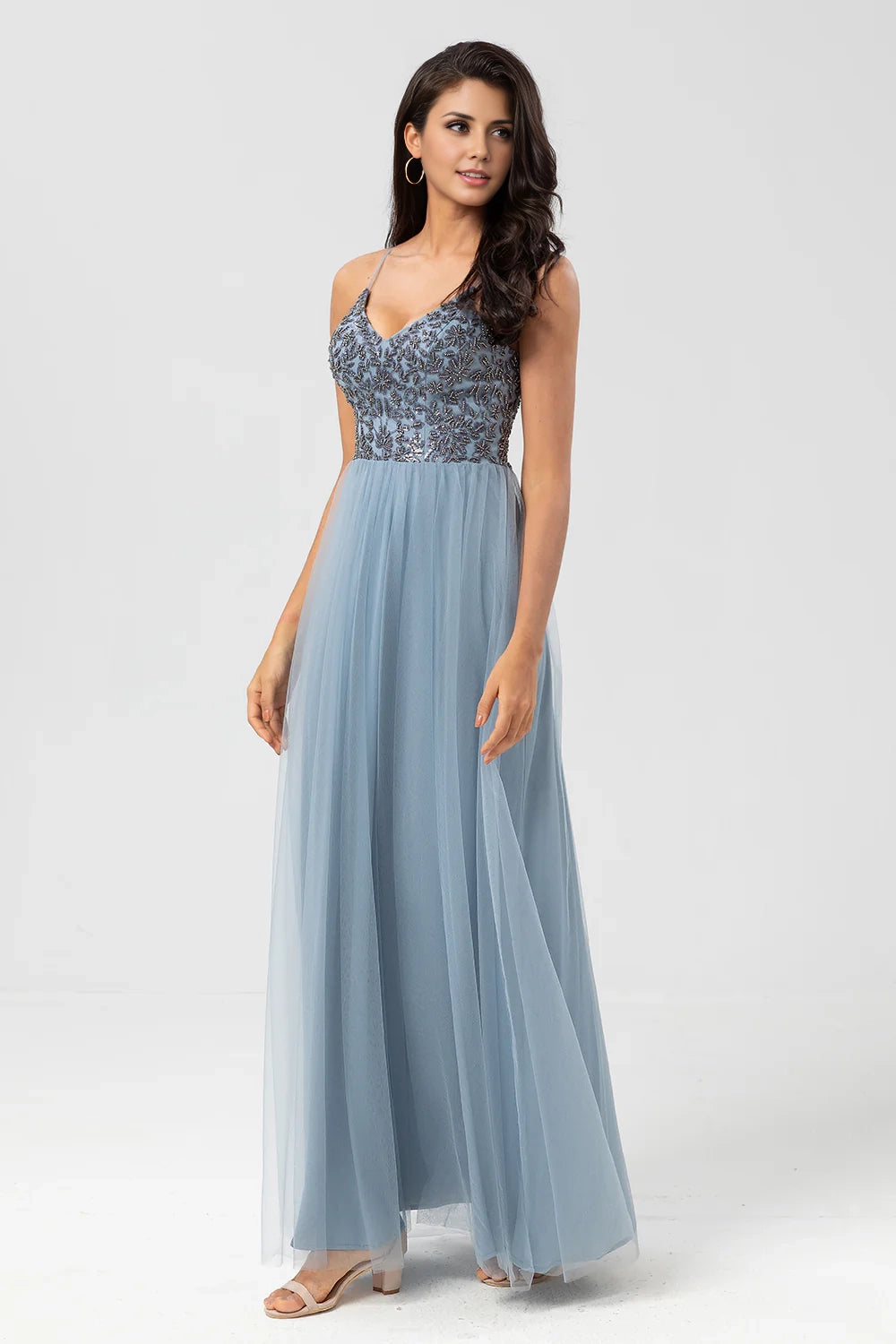 OKBBN's elegant and flowing A-line thin shoulder strap adorned with beaded chiffon Bridesmaid Dresses