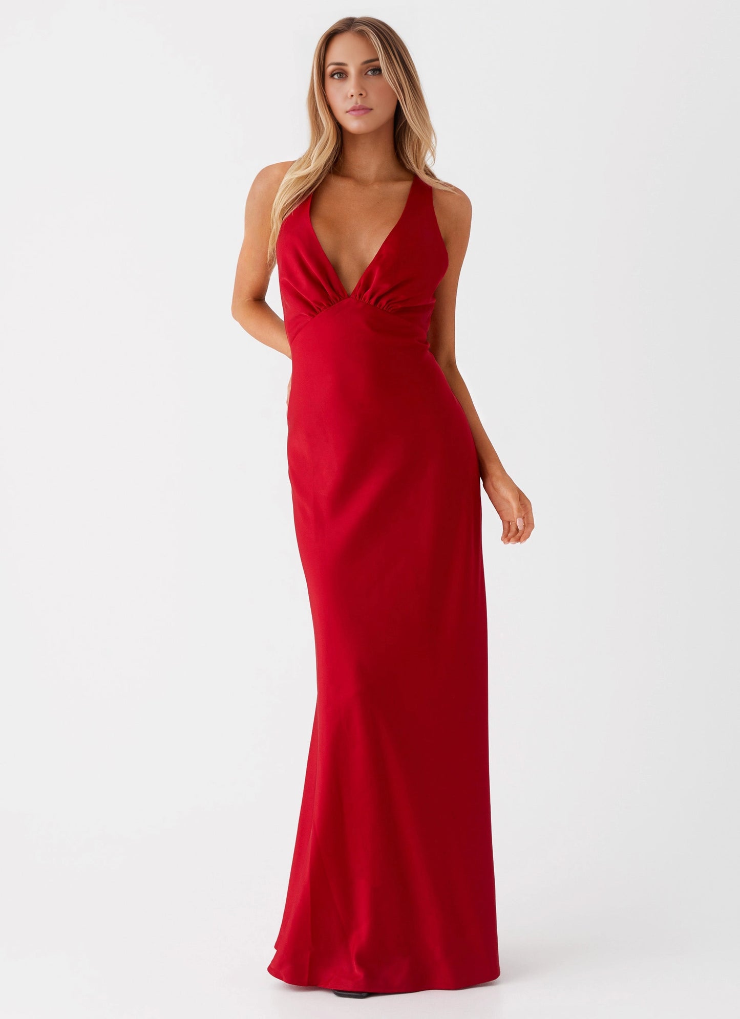OKBBN's elegant low V-neck shoulder straps with bold back cross lines, smooth silhouette Prom Dresses