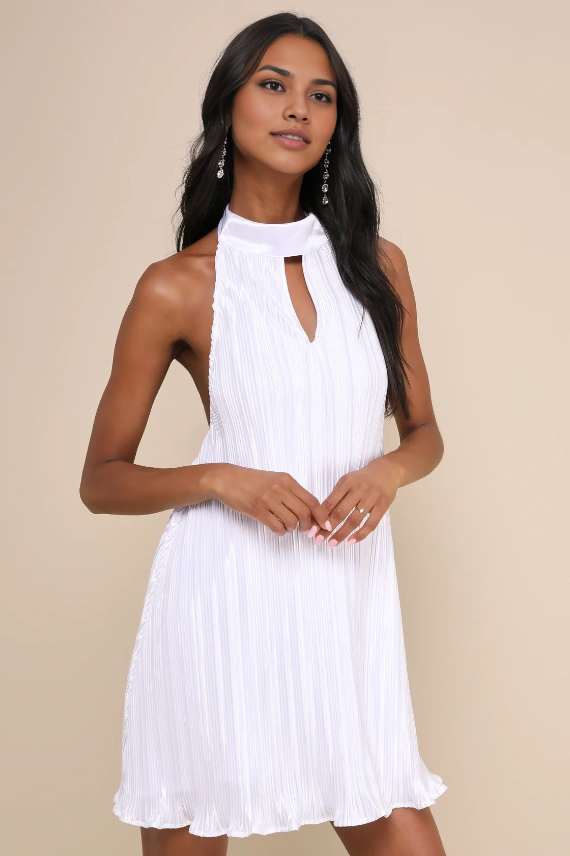 OKBBN's eye-catching satin pleated stand up collar mini backless lock hole hollow Homecoming Dresses