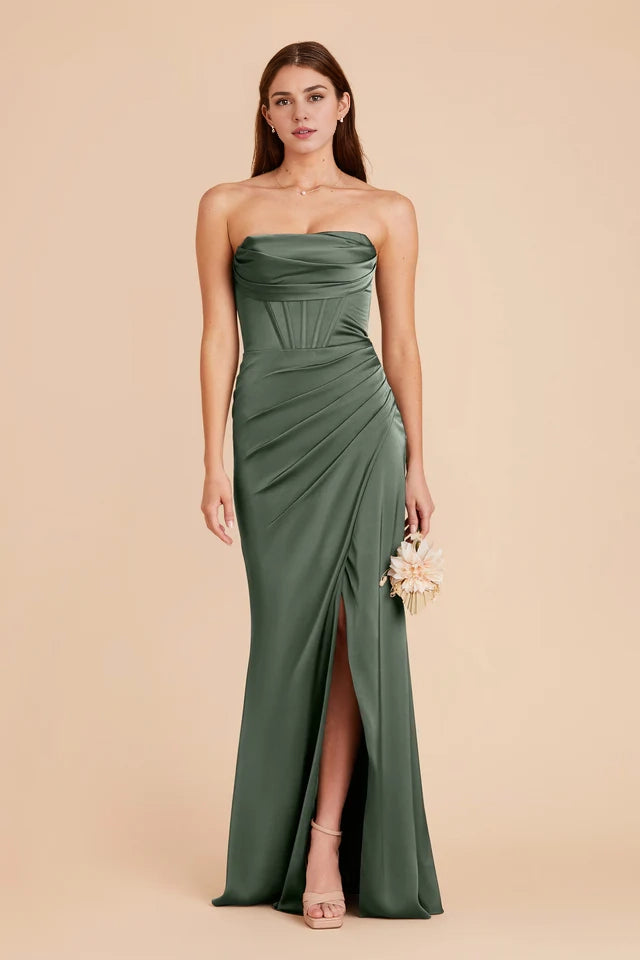 OKBBN's gorgeous and elegant matte satin slit scarf collar with thin shoulder straps, tight corset Prom Dresses