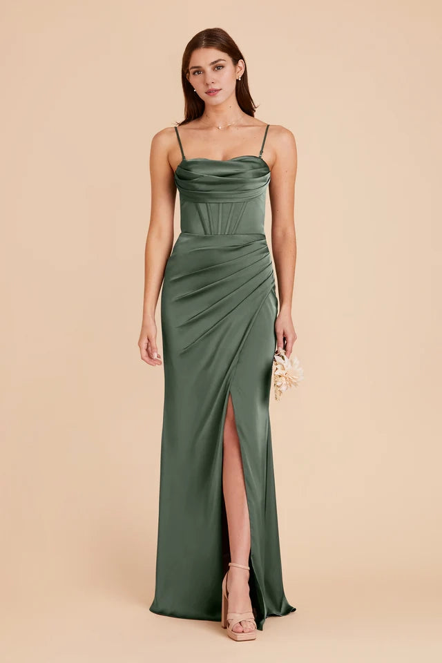 OKBBN's gorgeous and elegant matte satin slit scarf collar with thin shoulder straps, tight corset Prom Dresses