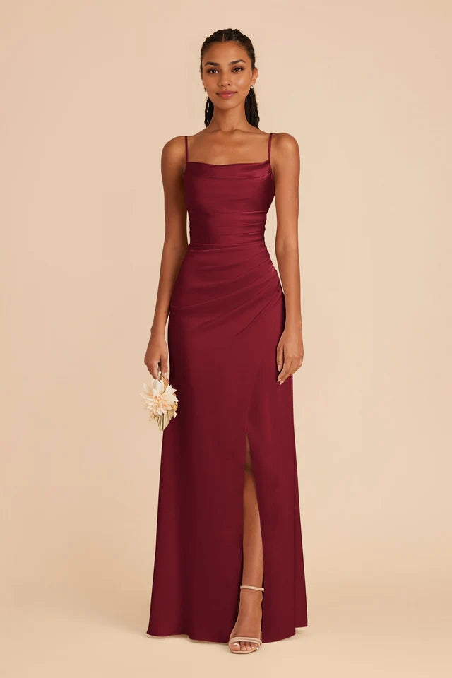 OKBBN's gorgeous thin shoulder strap matte satin scarf with overlapping slits and full lining Prom Dresses