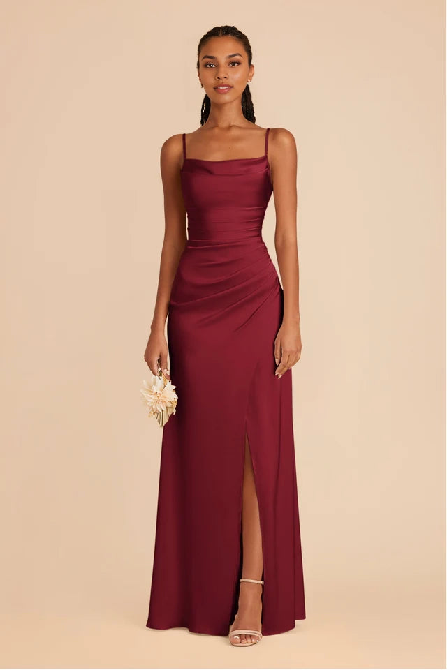 OKBBN's gorgeous thin shoulder strap matte satin scarf with overlapping slits and full lining Prom Dresses