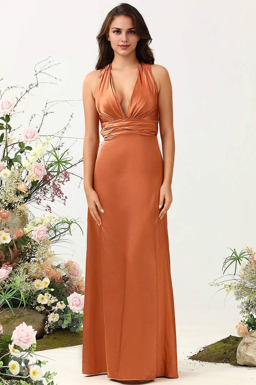 OKBBN's stunning A-line V-neck shiny satin backless Bridesmaid Dresses