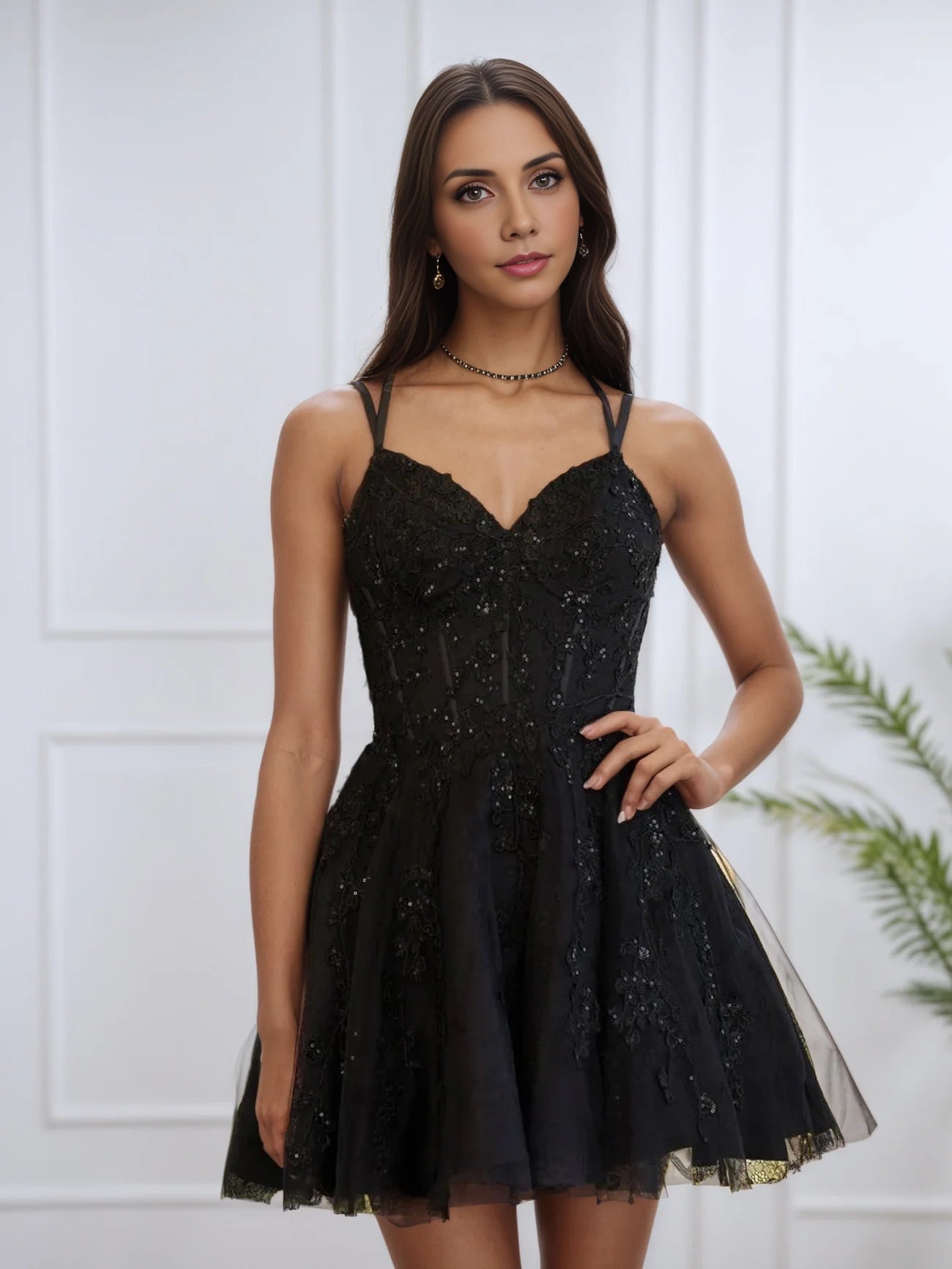 OKBBN's stunning A-shaped thin shoulder strap decal short Homecoming Dresses