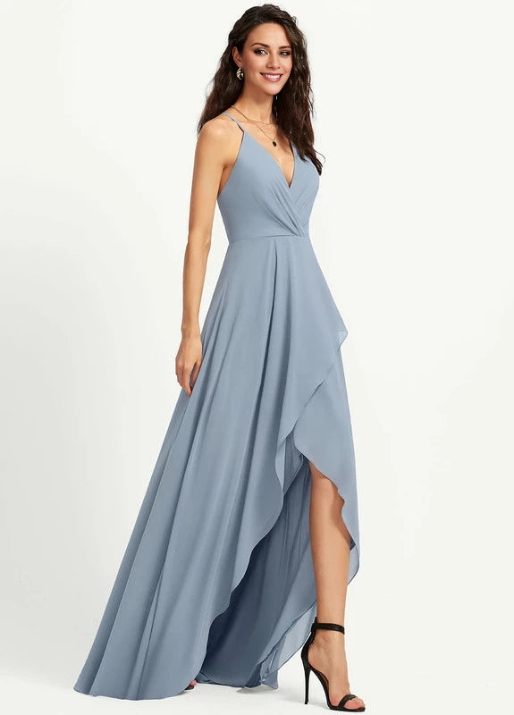 OKBBN's stunning flowing thin shoulder straps with ruffled edges and V-neck Prom Dresses