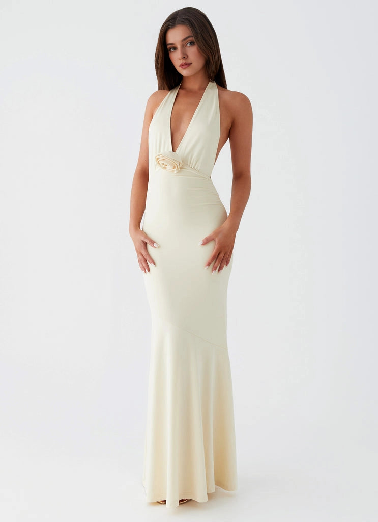 OKBBN's timeless and elegant V-neck, lace up back, backless Prom Dresses