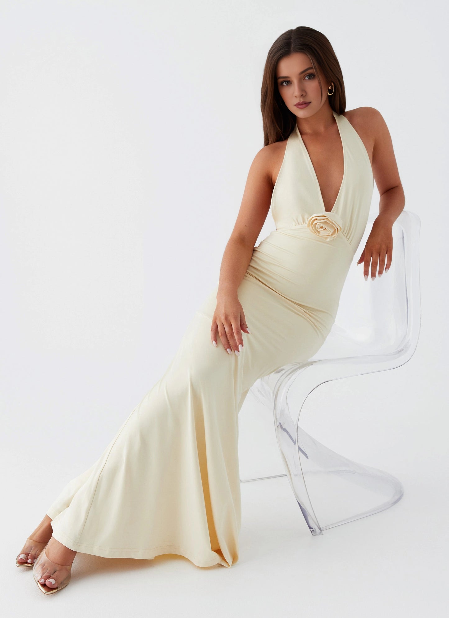 OKBBN's timeless and elegant V-neck, lace up back, backless Prom Dresses