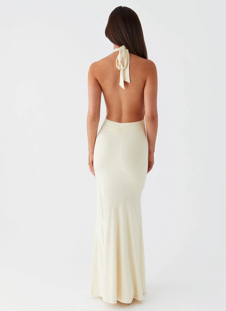 OKBBN's timeless and elegant V-neck, lace up back, backless Prom Dresses