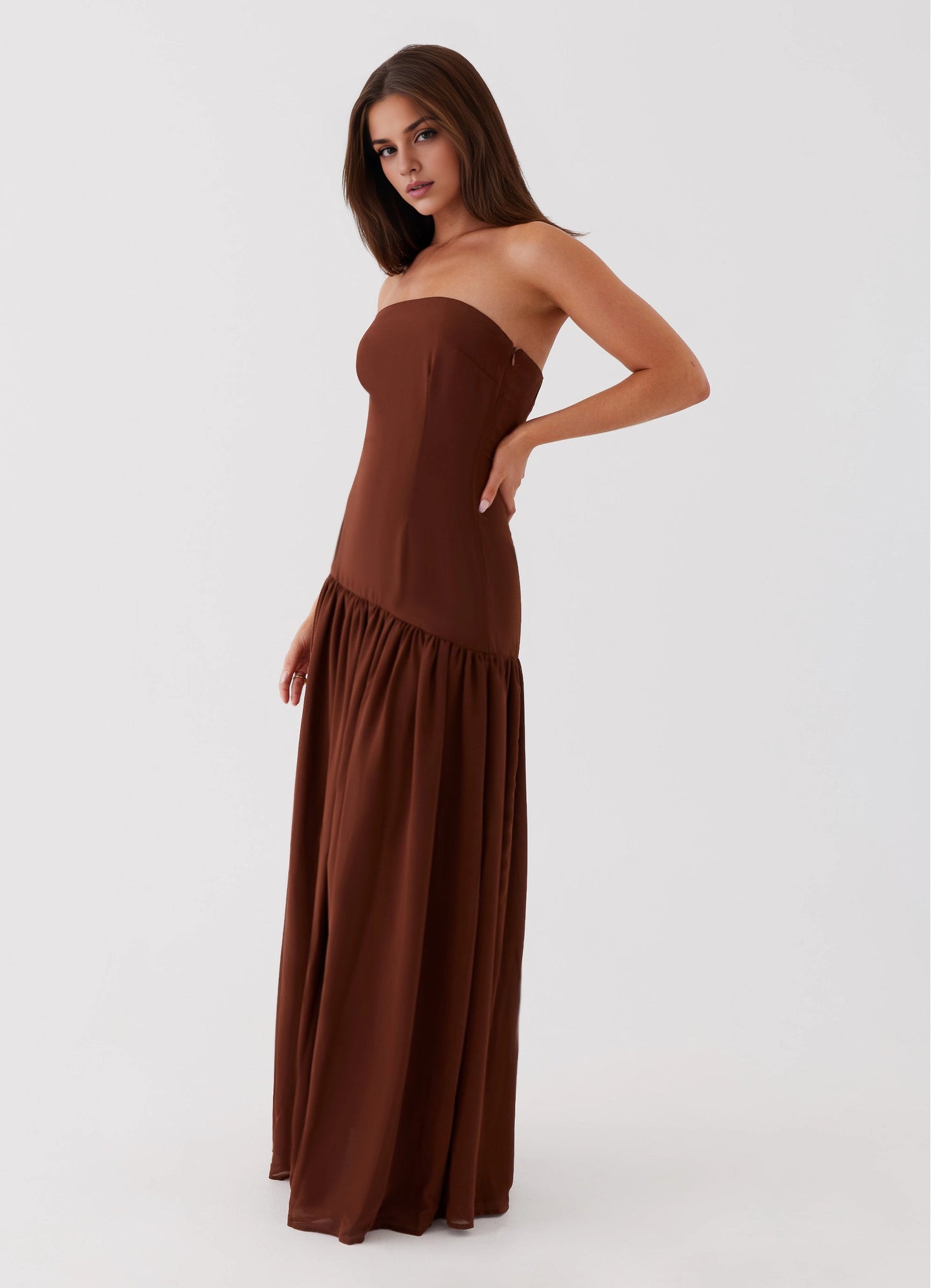 OKBBN's unique off shoulder collar with semi transparent chiffon front slit Prom Dresses