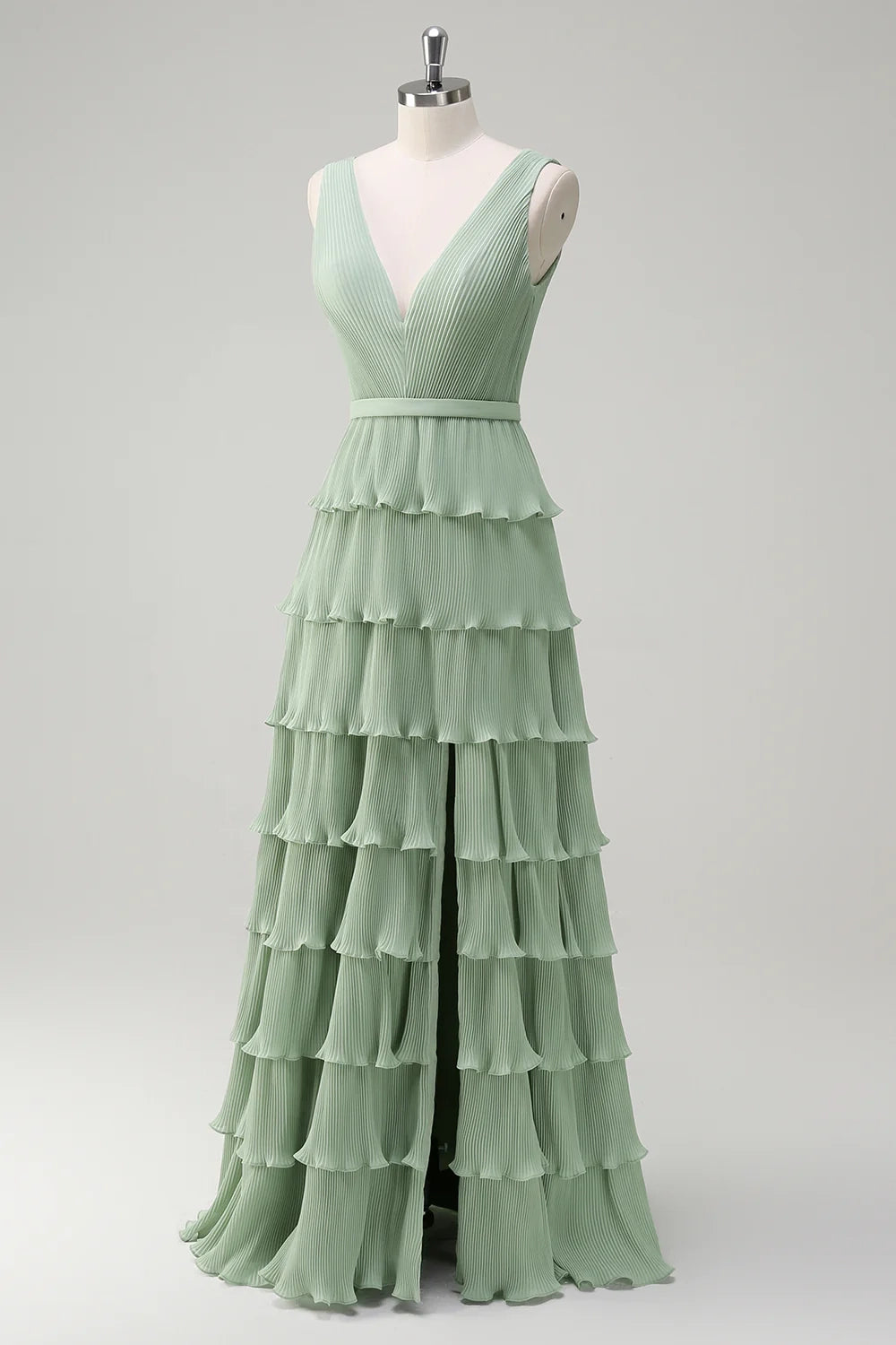 OKBBN charming A-line V-neck pleated multi-layer backless long slit Bridesmaid Dresses