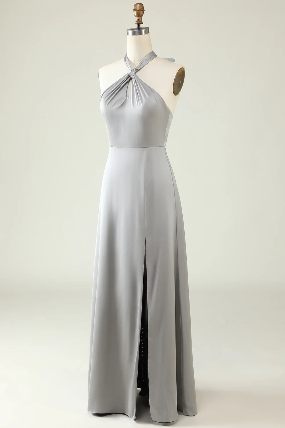 OKBBN charming A-line backless shiny satin slit Bridesmaid Dresses