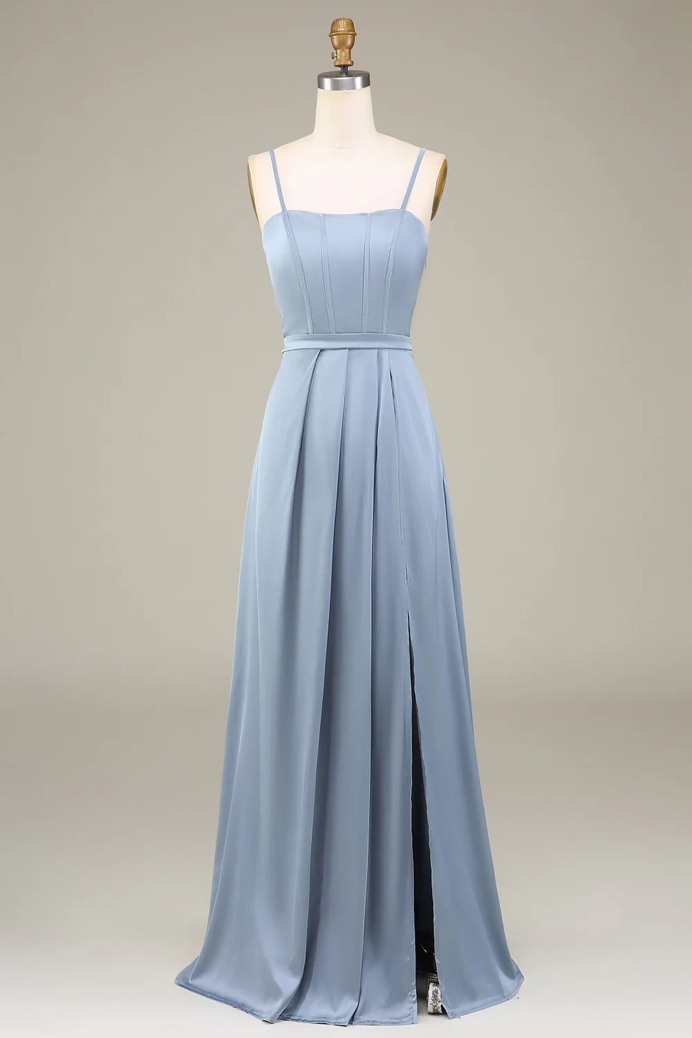 OKBBN charming A-line thin shoulder strap satin long pleated Bridesmaid Dresses