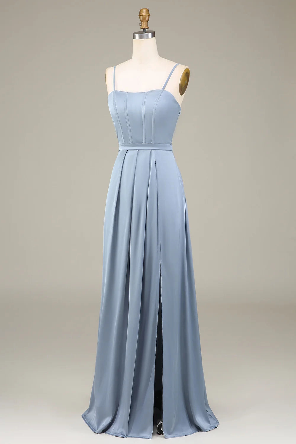 OKBBN charming A-line thin shoulder strap satin long pleated Bridesmaid Dresses