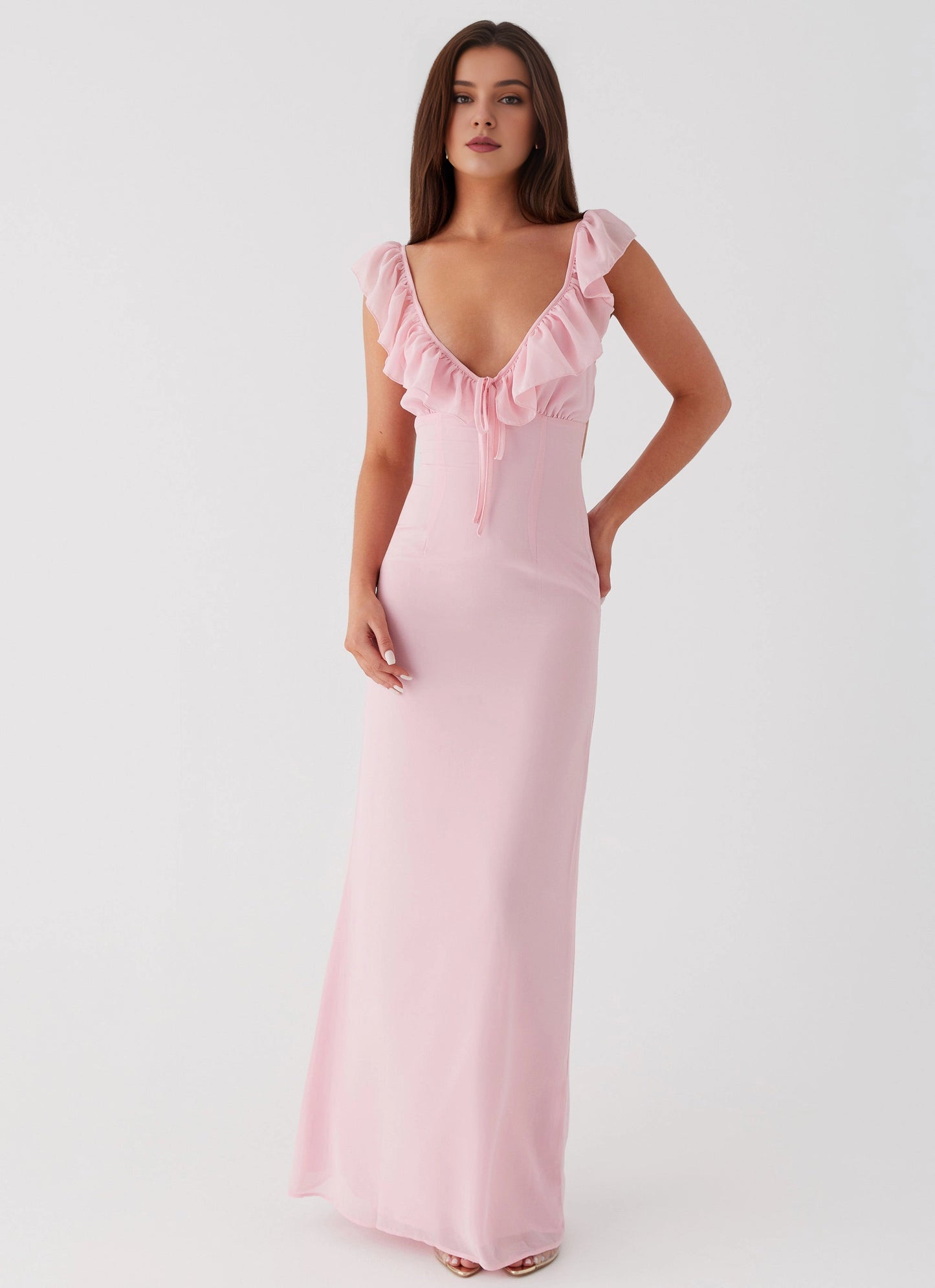 OKBBN charming V-neck ruffled shoulder straps with ruffled edges and charming contours Prom Dresses