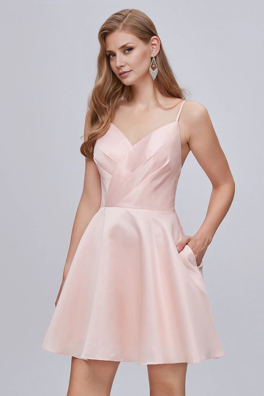 OKBBN charming V-neck thin shoulder strap A-line lace up short Homecoming Dresses