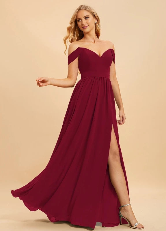 OKBBN charming off shoulder sleeveless pleated split V-neck Prom Dresses