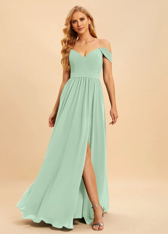 OKBBN charming off shoulder sleeveless pleated split V-neck Prom Dresses