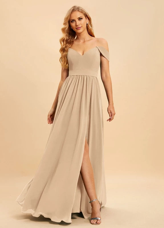 OKBBN charming off shoulder sleeveless pleated split V-neck Prom Dresses