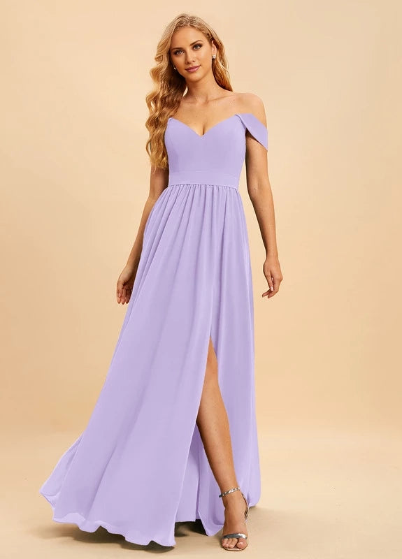 OKBBN charming off shoulder sleeveless pleated split V-neck Prom Dresses