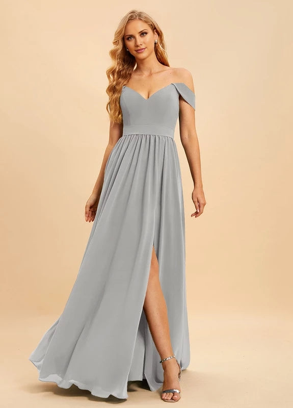 OKBBN charming off shoulder sleeveless pleated split V-neck Prom Dresses