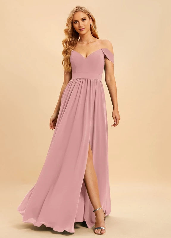 OKBBN charming off shoulder sleeveless pleated split V-neck Prom Dresses