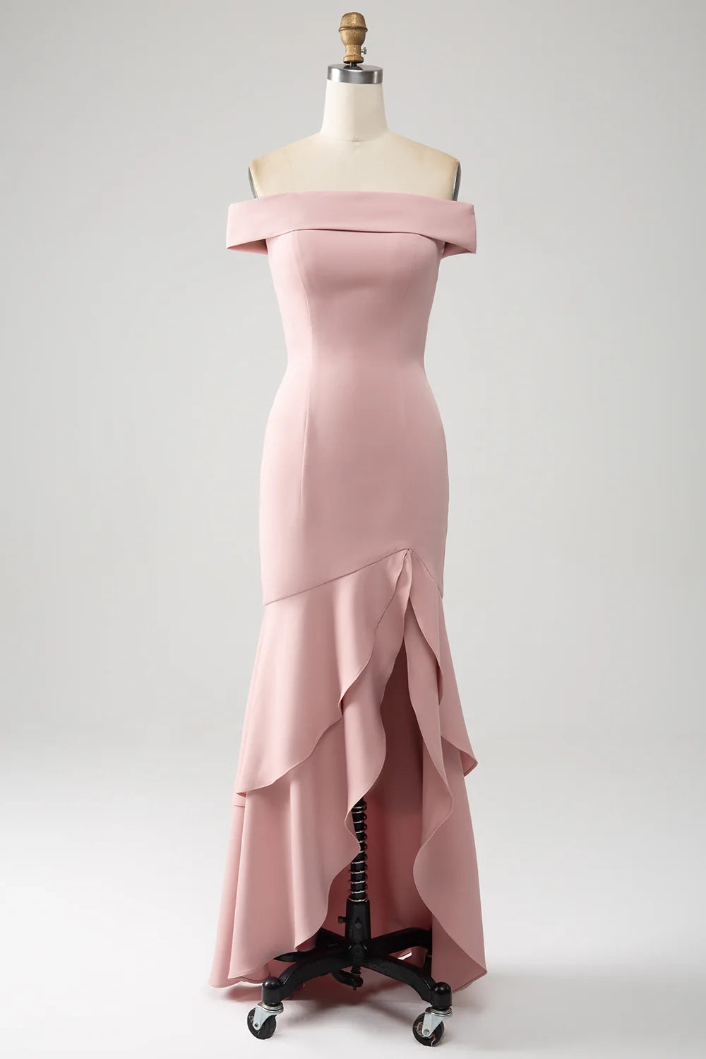 OKBBN charming ruffle trimming, low height, asymmetrical off shoulder Bridesmaid Dresses