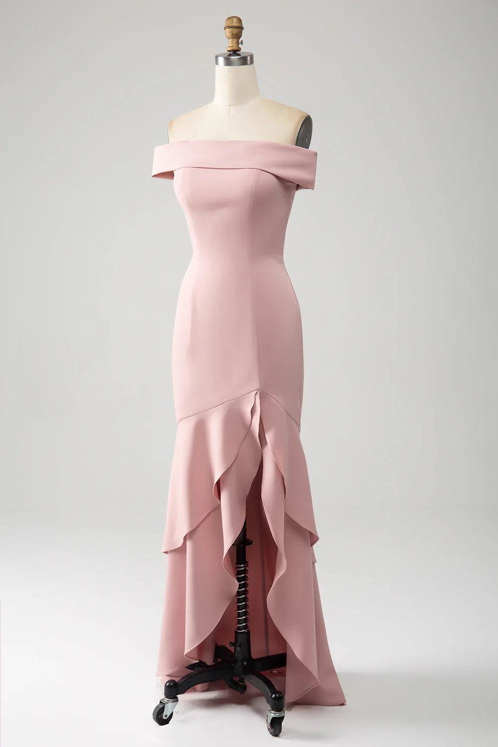 OKBBN charming ruffle trimming, low height, asymmetrical off shoulder Bridesmaid Dresses